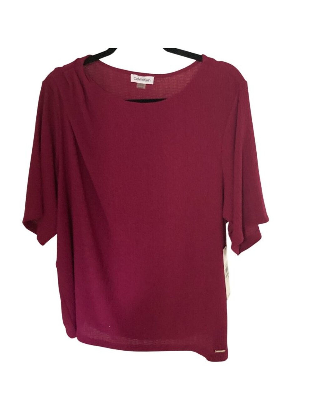 Calvin Klein Women's Top Blouse Size 1X Pleated One Shoulder Boat Neck 1X Wine